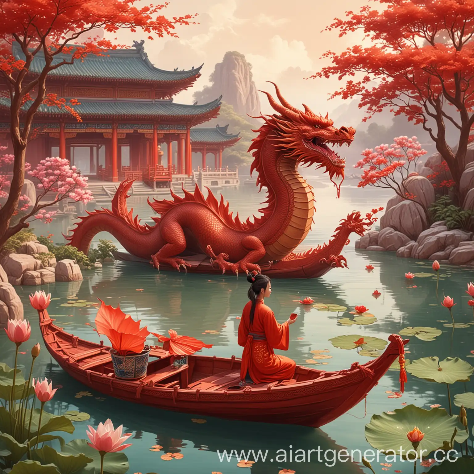 Red-Dragon-Near-Chinese-Temple-with-Lotus-Pond-and-Traditional-Person-in-Boat