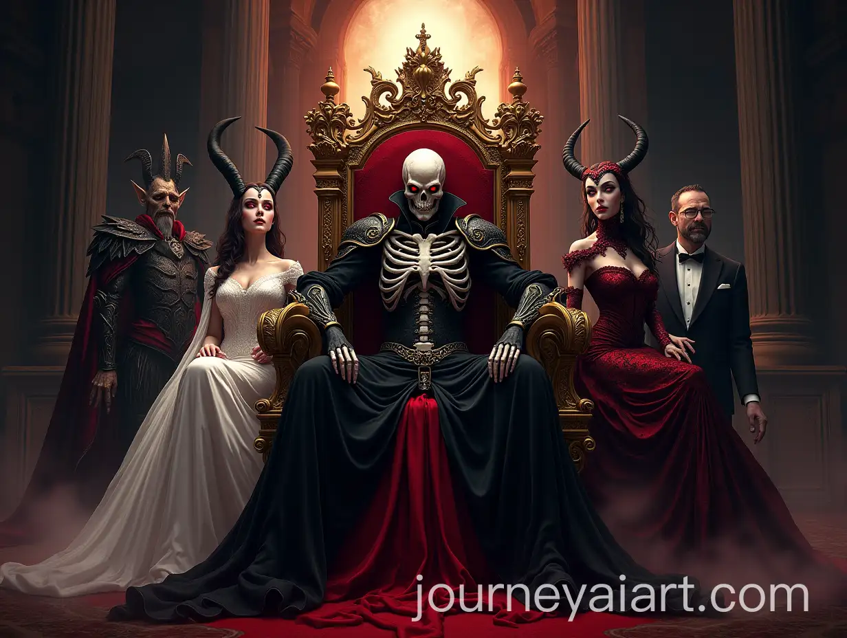 Ainz-Ooal-Gown-and-Nazarick-Guardians-on-Throne-in-Dark-Fantasy-Setting
