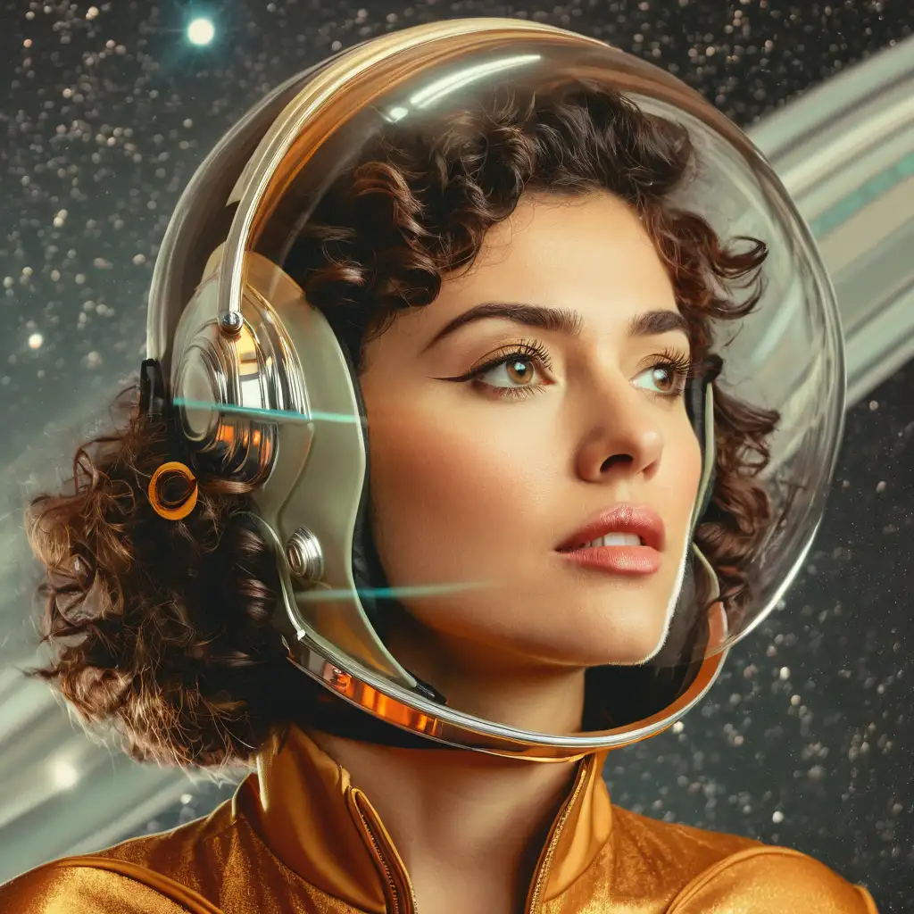 Retro Futuristic Woman in Space Helmet with Curly Hair