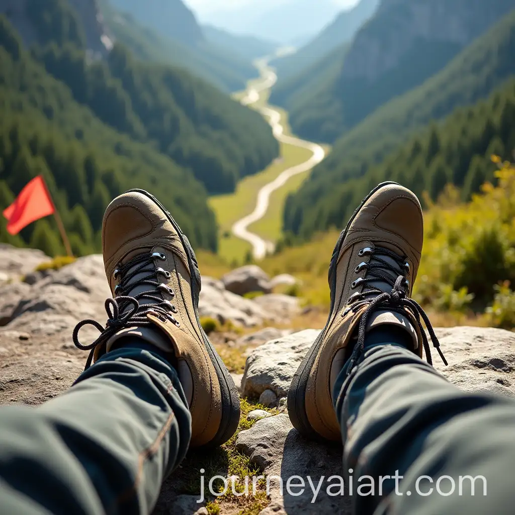 Hikers-Perspective-Feet-and-Hands-on-a-Mountain-Rock-with-Scenic-View