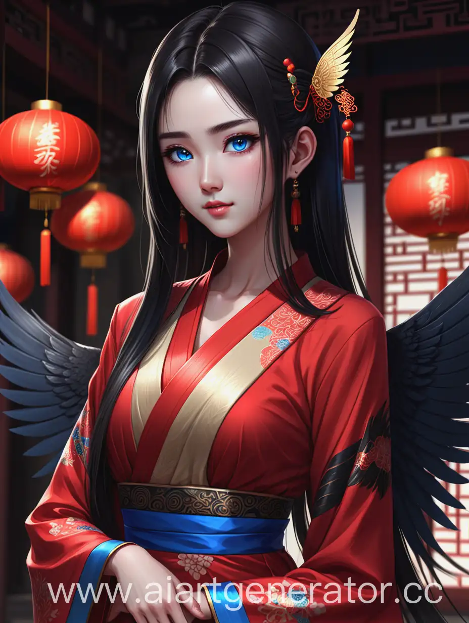 Asian-Girl-with-Black-Wings-in-Red-Eastern-Dress-under-Pleasant-Lighting