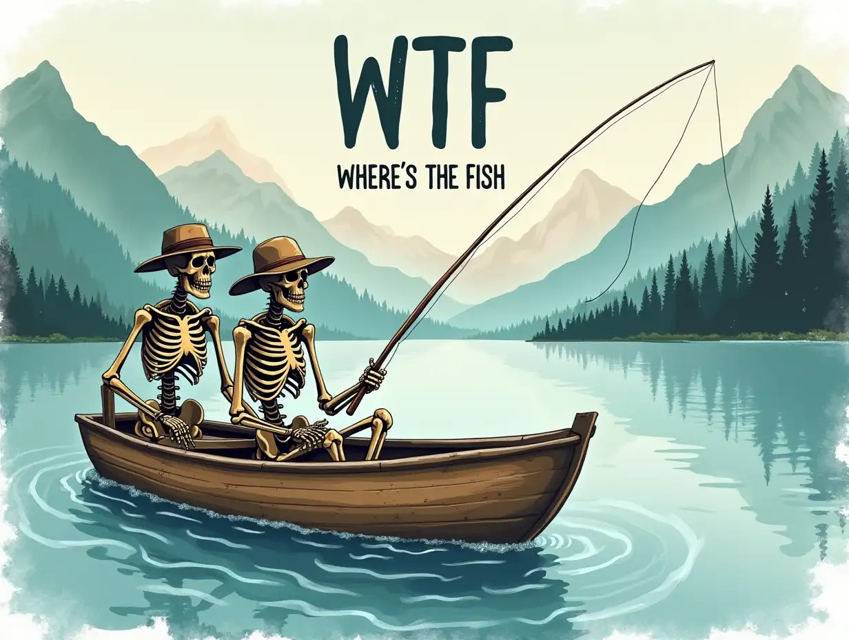 Vector. Watercolor. The image should feature two skeletons wearing hats and fishing rods, sitting in a boat on a body of water. The image should have a vintage or retro feel, with a color palette of blues, greens, and browns. The text 'WTF Where's the Fish' should be prominently displayed in the center of the image. Background on a large lake surrounded by mountains.