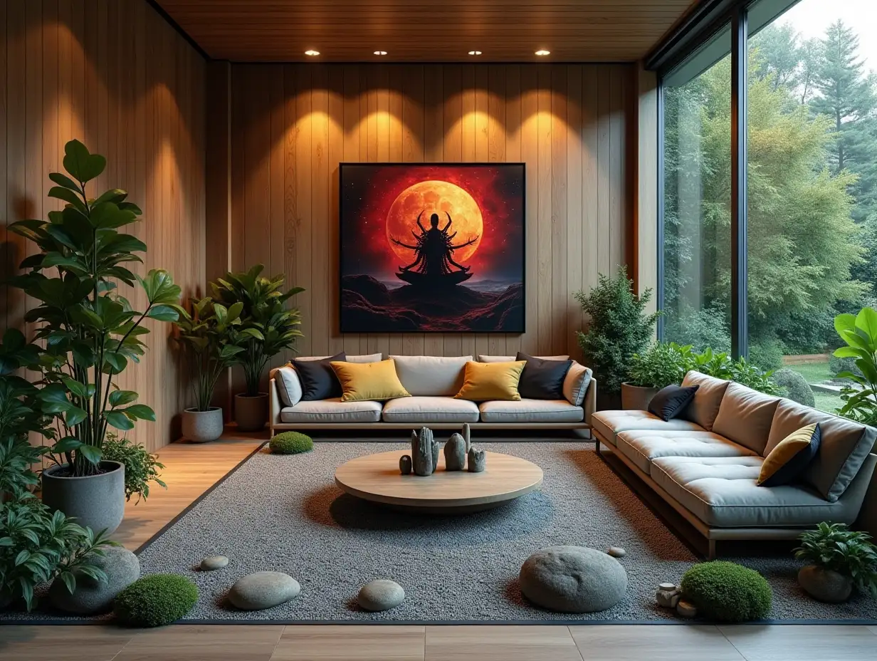 Large modern living room lighting with furniture very many plants with Demon Slayer image on the wall Zen garden with carefully tended rocks, a meditative 180 degree shot 8K resolution Colorful