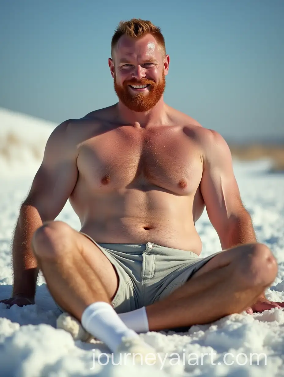 Strong-Pale-Ginger-Man-with-Tattoos-Sitting-on-Snow-Throne