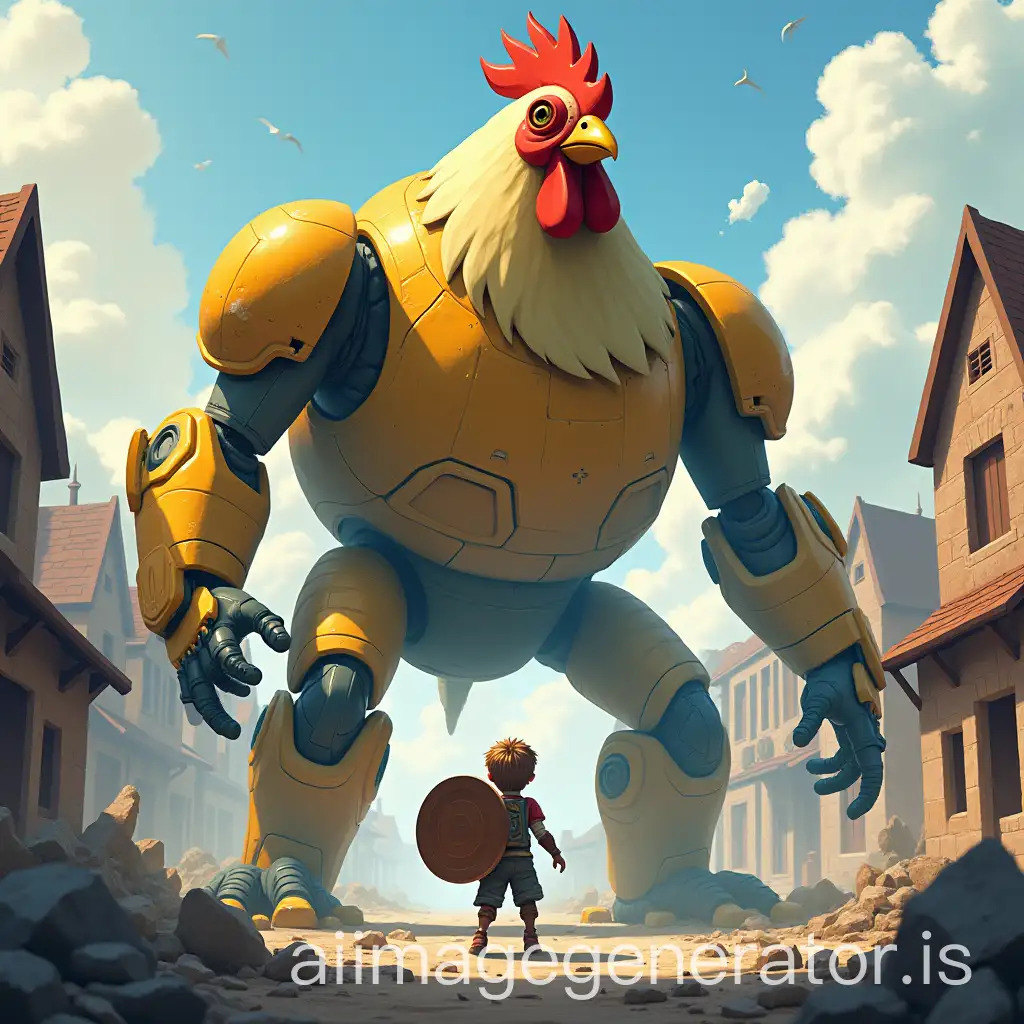 Giant-Robotic-Chicken-Attacks-Hero-Child-with-Shield-in-Destroyed-Town