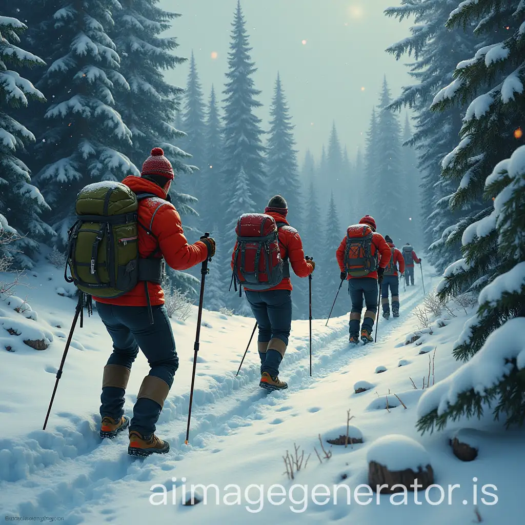 Hikers-Celebrating-Christmas-in-a-Snowy-Mountain-Setting