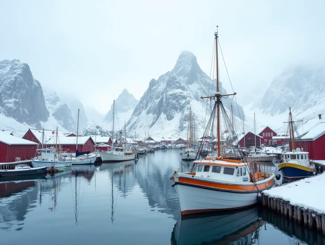 Fishing boats at harbour of cozy small fishing village Henningsvaer in Lofoten Islands, Northern Norway. Amazing landscape with mountains and reflection in the water, travel winter background