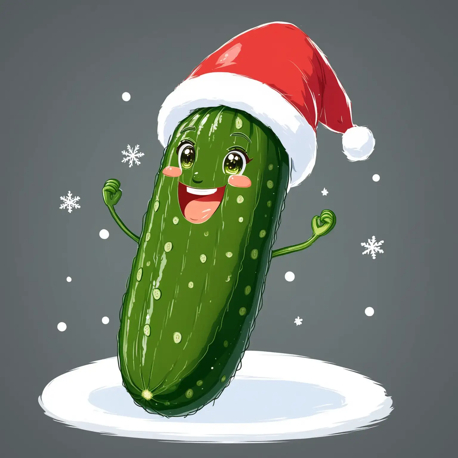 a cheerful, kind, cute character, a cucumber, in a santa claus hat