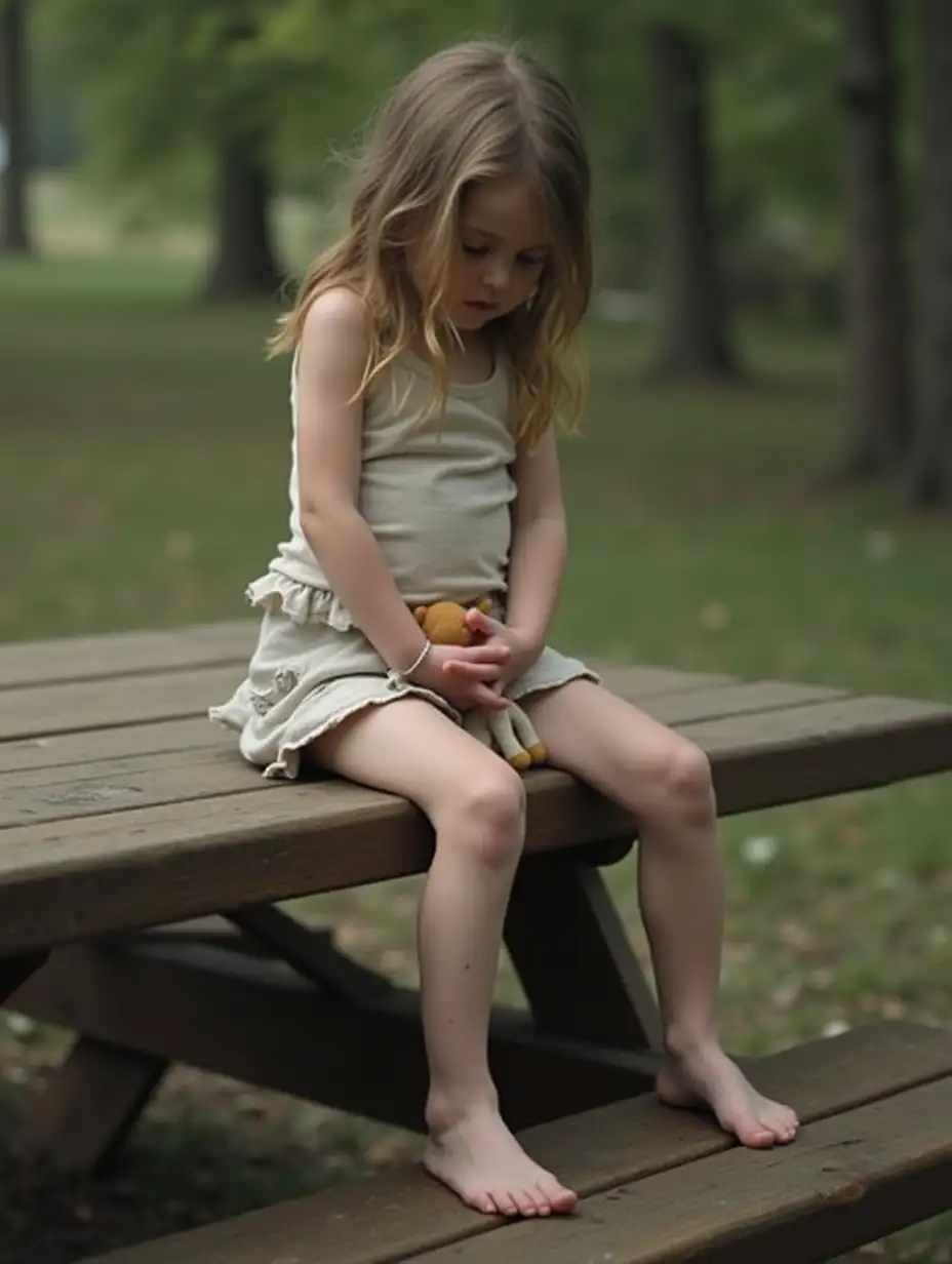 Skinny-Little-Girl-Holding-Stuffed-Animal-Sitting-on-Picnic-Table