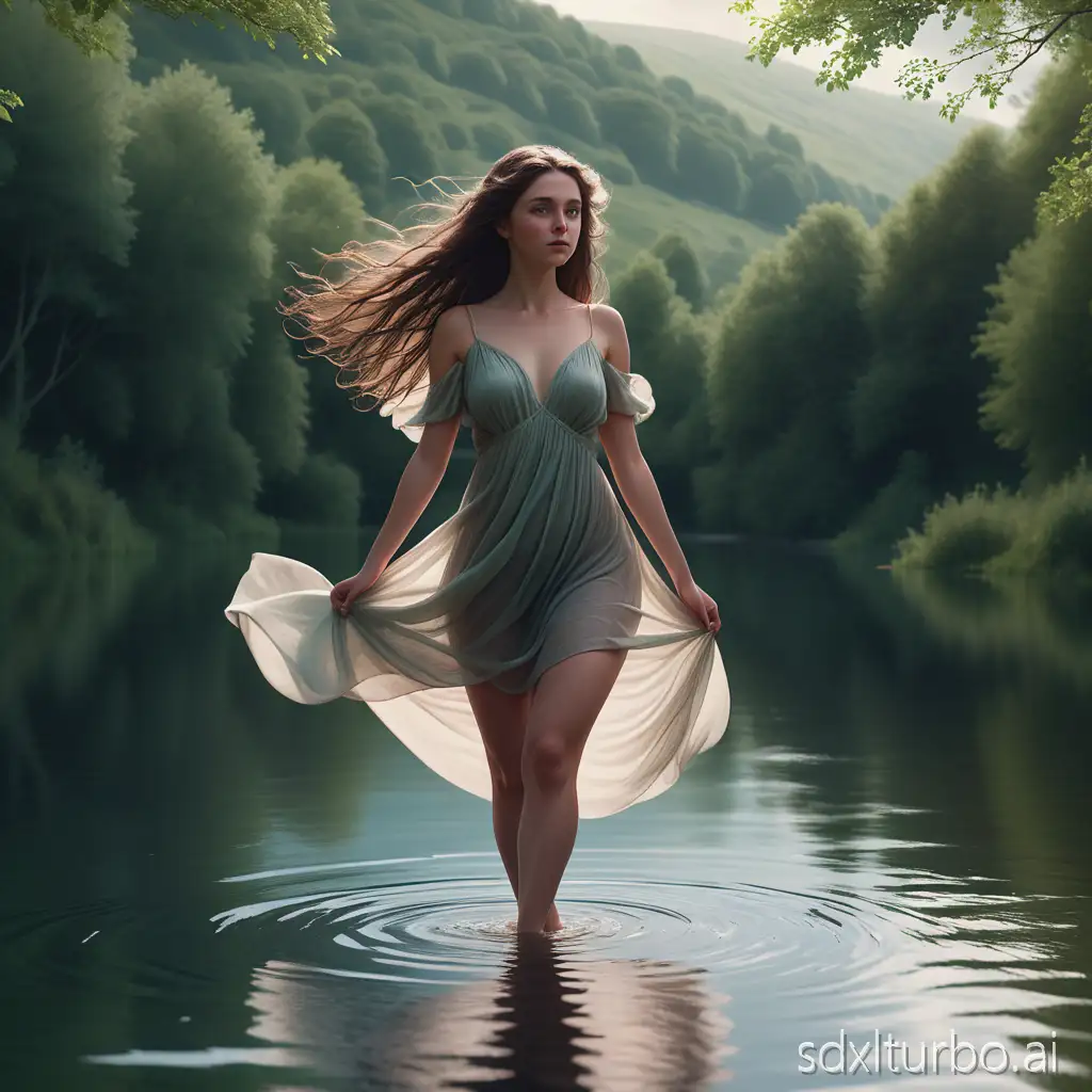 (masterpiece), (hyperrealistic), (RAW photo), (8K ultra detail), (full body), a young Irish woman with soft pretty eyes and flowing dark brown hair stands alone before a tranquil lake surrounded by lush greenery, her curvy and athletic body framed by a loosely flowing dress that dances in the gentle breeze, subtly revealing her thick strong legs, her presence serene and grounded, absorbing the energy of the natural landscape, light wind in her hair, calm water reflecting the sky, soft ambient glow on her skin, peaceful and emotionally rich atmosphere, cinematic and soulful scene, cool natural lighting.