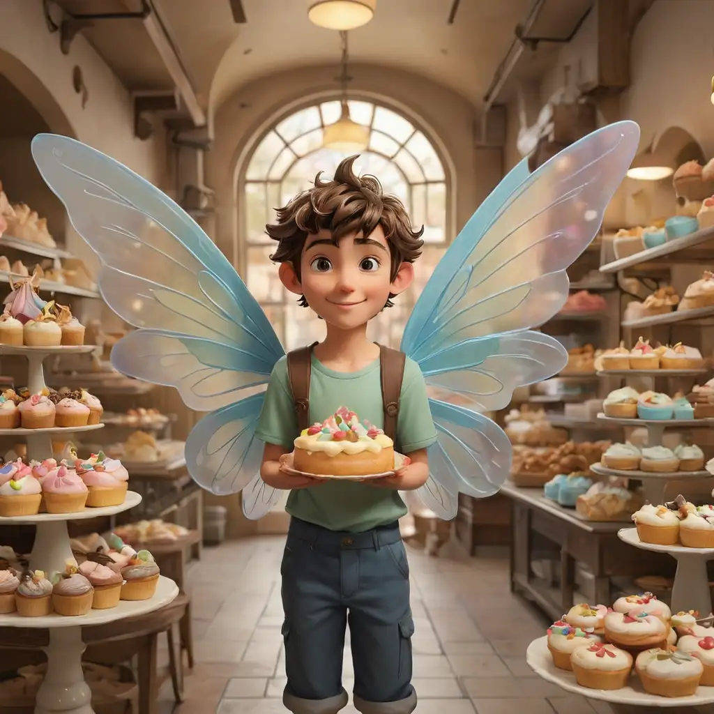 Boy Fairy with Large Wings in Bakery with Cakes and Donuts