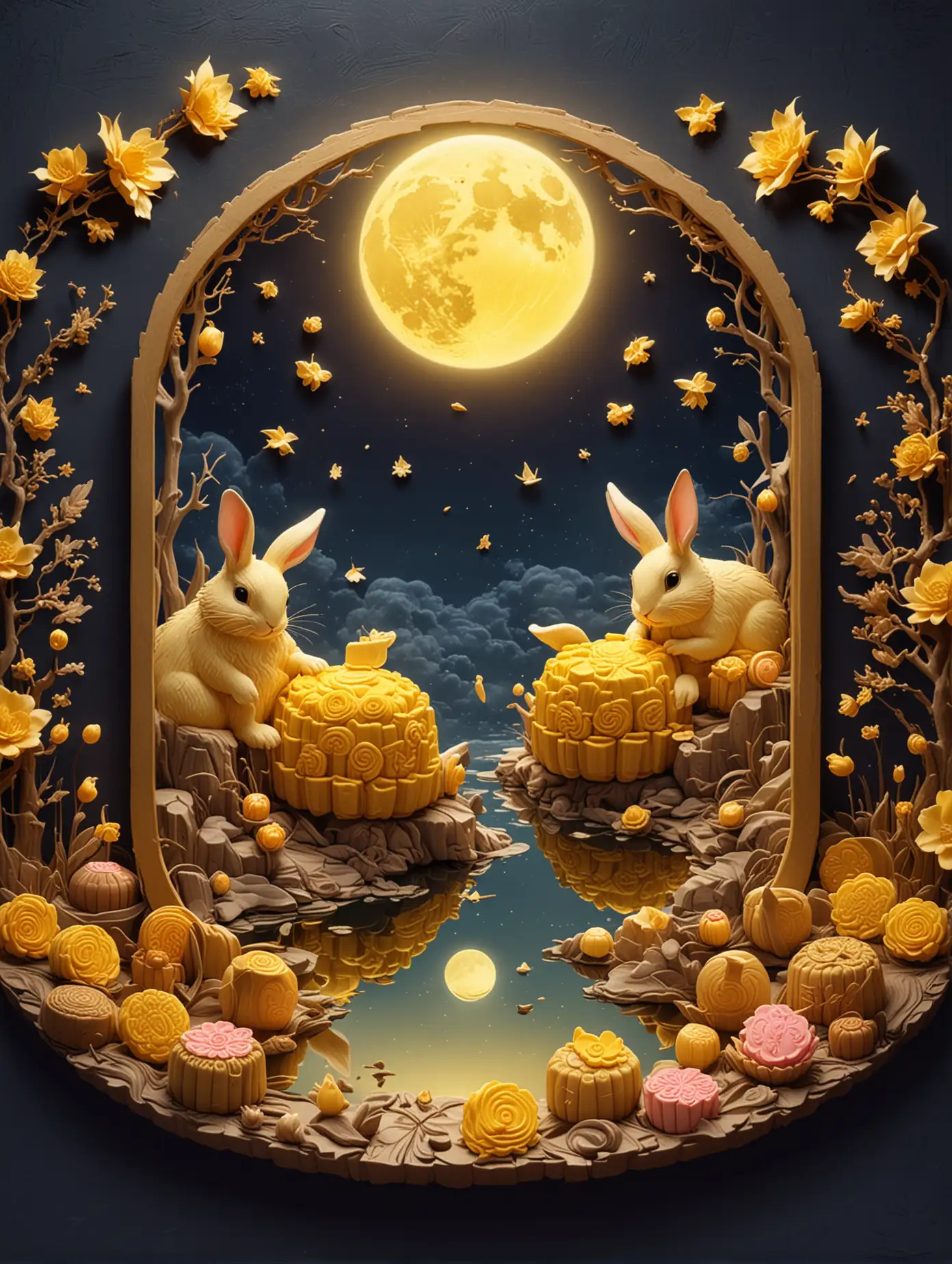 Making Mid-Autumn Festival themed greeting images, want a bright yellow full moon, with rabbits in the moon, and the moon's reflection in the sky mirror turned into a mooncake