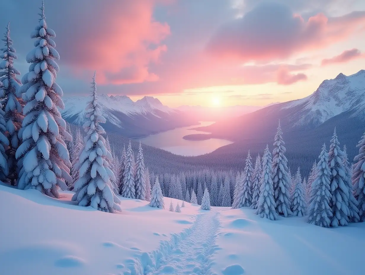 Dramatic-Winter-Landscape-Glowing-Snowy-Mountains-at-Sunset