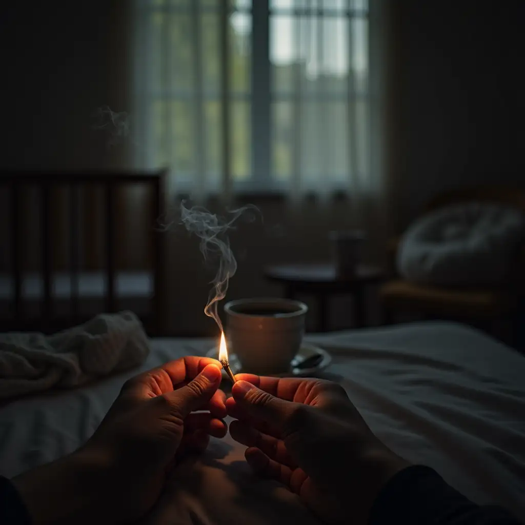 Pov First-person perspective of Oppenheimer sitting on the edge of his bed, lighting a cigarette. The view shows the flame from a match illuminating his fingers. Wisps of smoke rise in the dim morning light. In the background, a cup of coffee sits on a small table, and a crib with a baby is partially visible. The air feels thick with contemplation