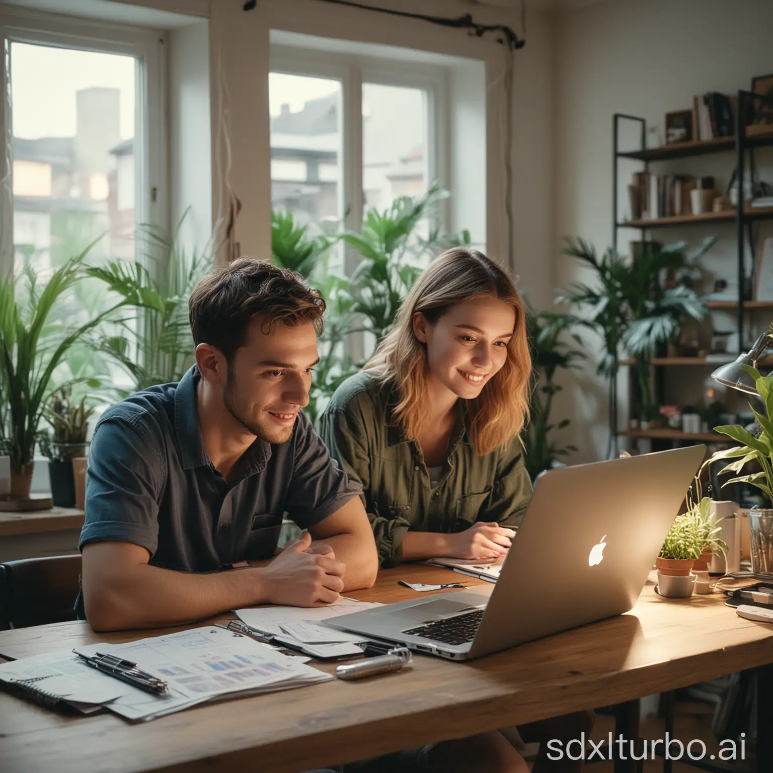 A European-looking guy and girl are sitting at a table in a bright, well-lit room with high windows. On the table, there is an open laptop and office accessories. The room has a few plants. There are also printed business charts on the table. The people are looking at the laptop screen, which is viewed from behind. Their mood is joyful, as if they have won a prize, and it seems they are engrossed in some kind of online business. Cinematic film still, shot on v-raptor XL, film grain, vignette, color graded, post-processed, cinematic lighting, 35mm film, live-action, best quality, atmospheric, a masterpiece, epic, stunning, dramatic