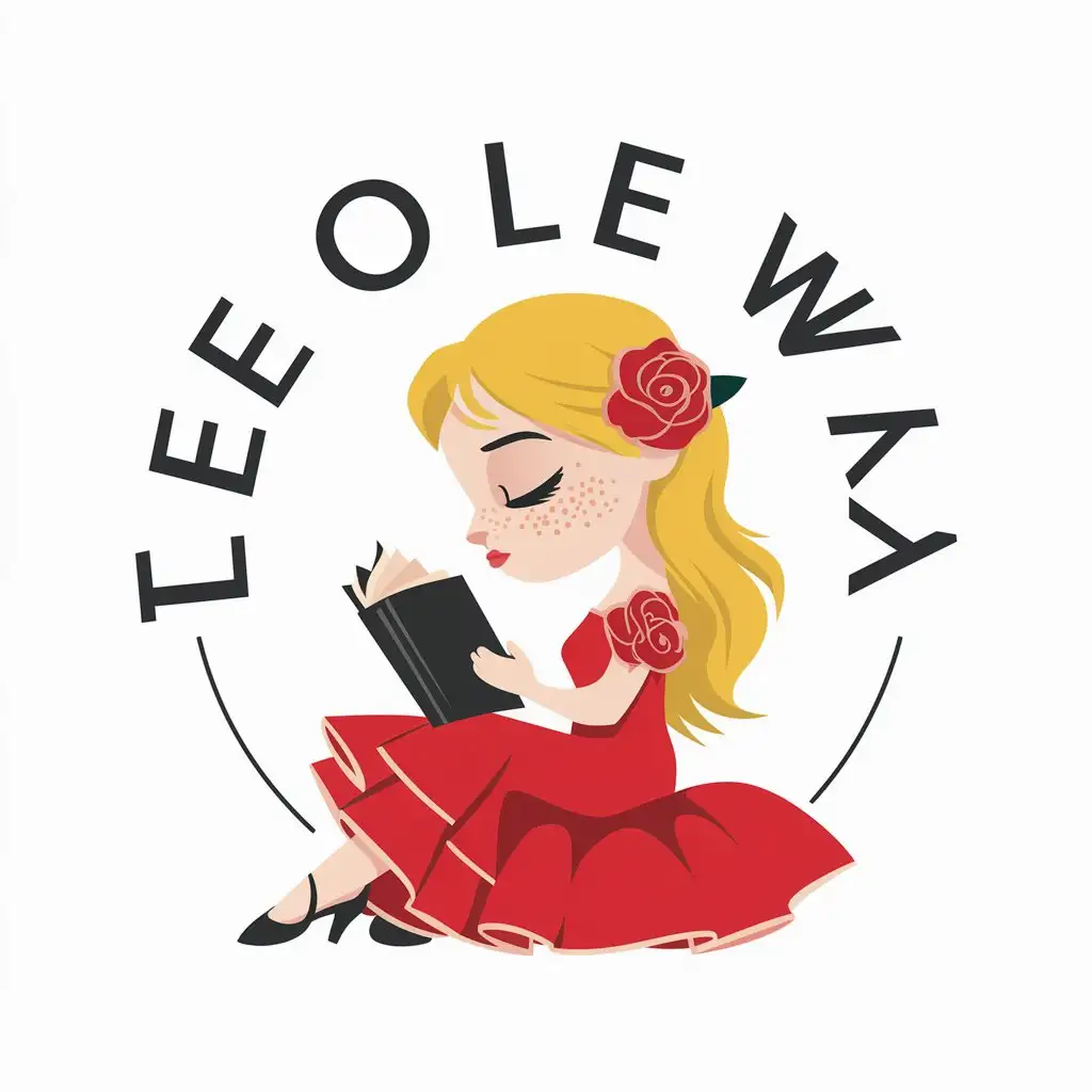 LOGO Design For The Ol Way Spanish Blonde Girl with Freckles in Red Flamenco Dress Reading a Book