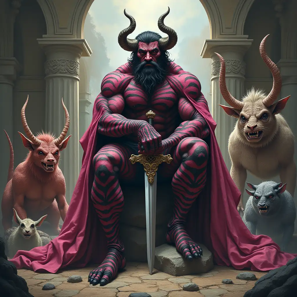 Ultradetailed hyperrealistic portrait of a black pink striped bodybuilder with horns, with a sword on a rock in a palace with various strange creatures with intricately detailed, colorful