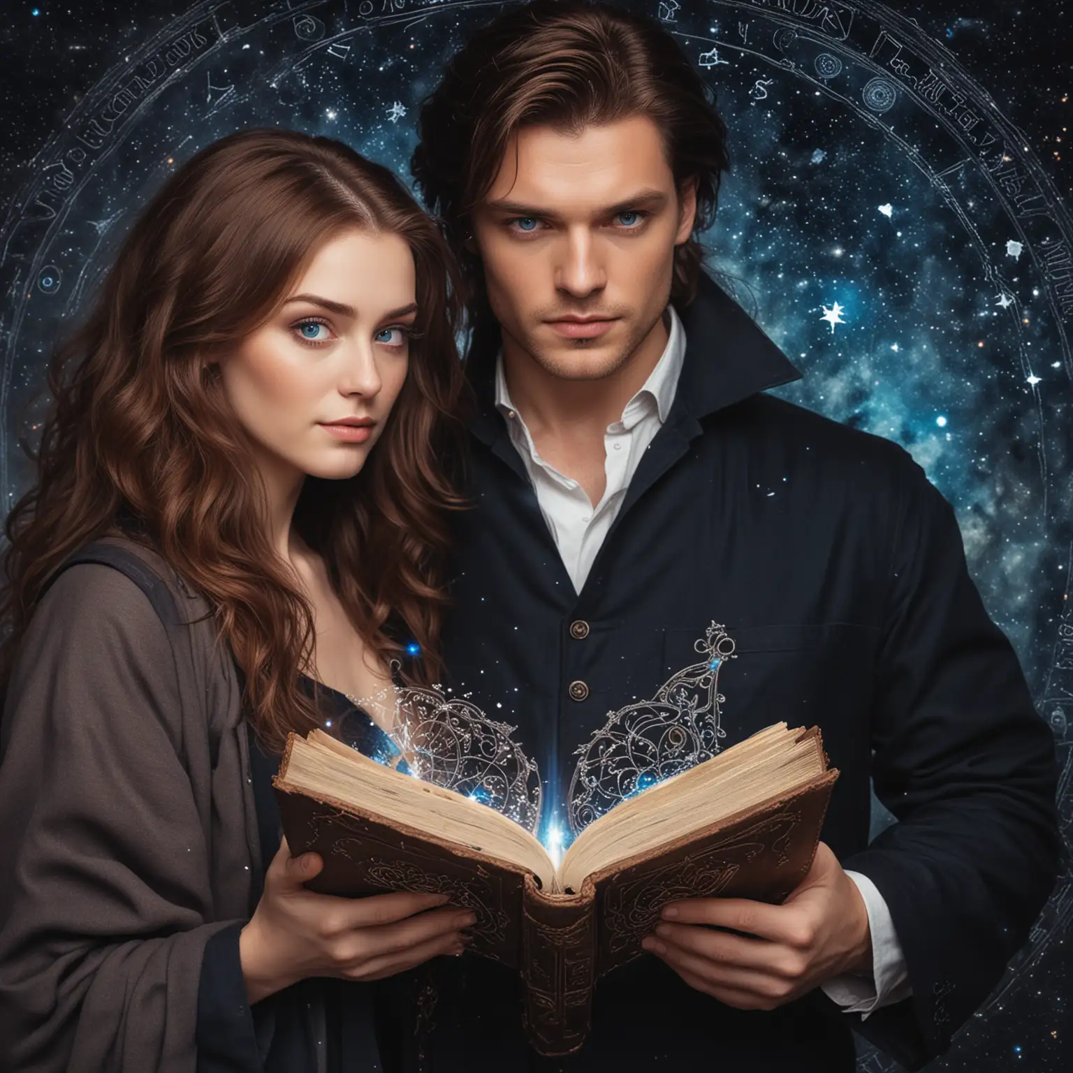 Contemporary Couple Holding Grimoire with Celestial Magic