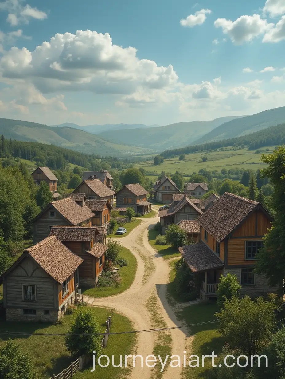 Charming-Village-Scene-with-Lush-Greenery-and-Rustic-Houses