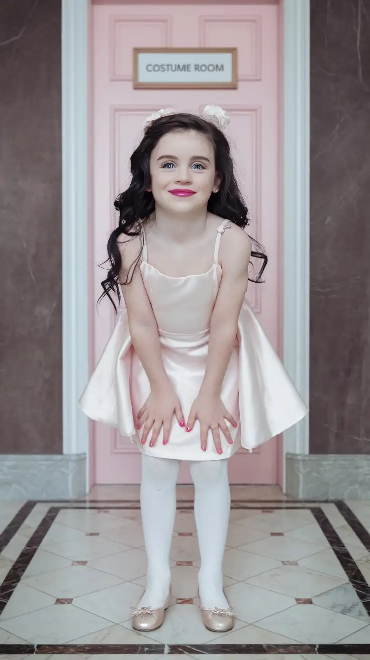 Smirking-Little-Boy-in-LightPink-Dress-and-White-Tights-in-Costume-Room-Hallway