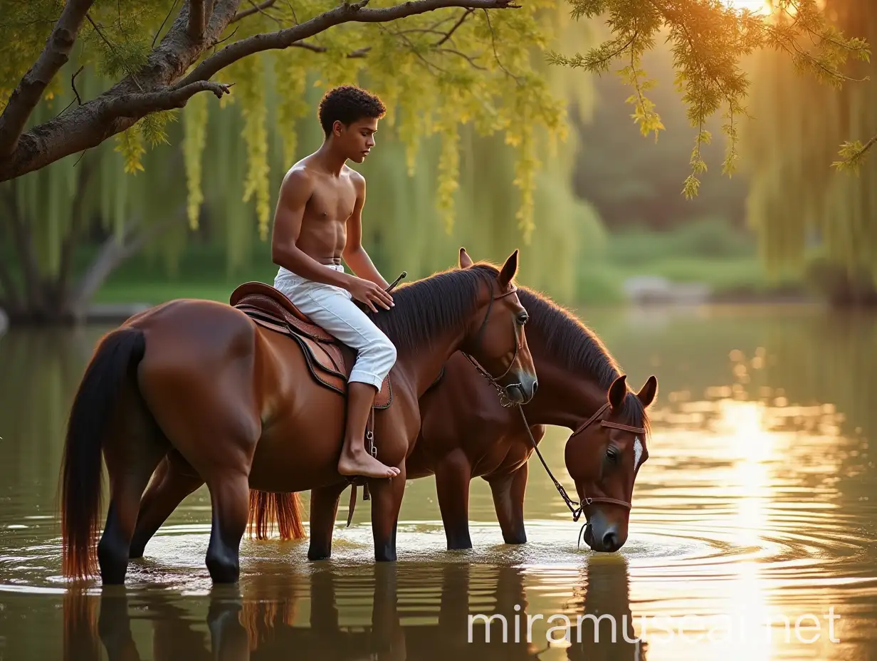 Roma Boy and Horses by a Tranquil Lake