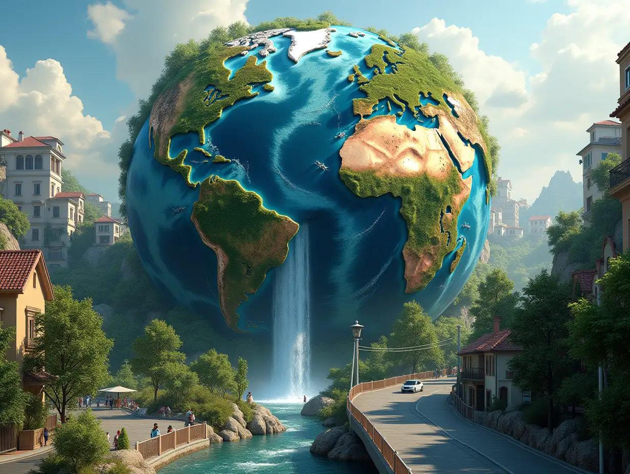 photorealistic image Earth with buildings, plants, streets, cars, people and a waterfall 8K resolution