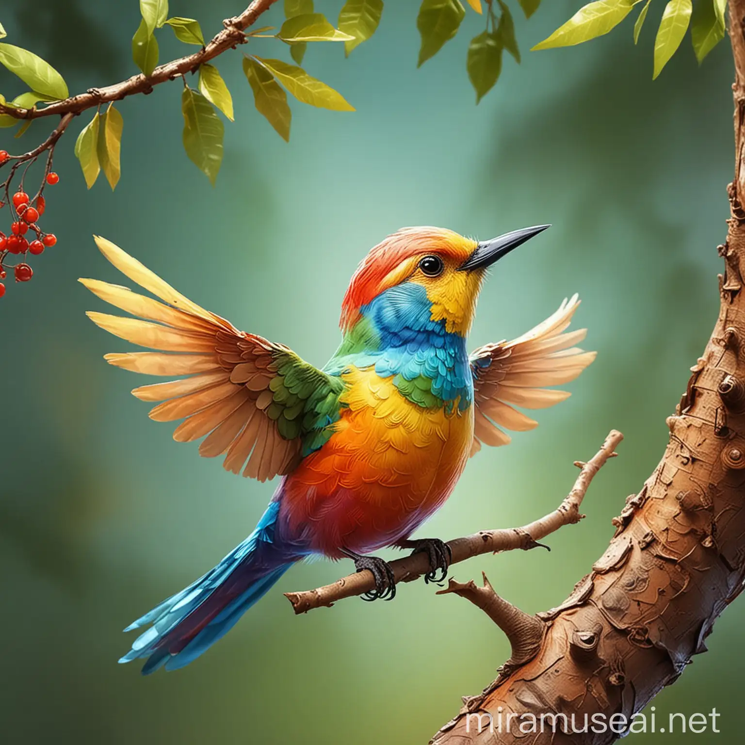 Colorful Cartoon Hummingbird Perched in Tree with Glossy Finish