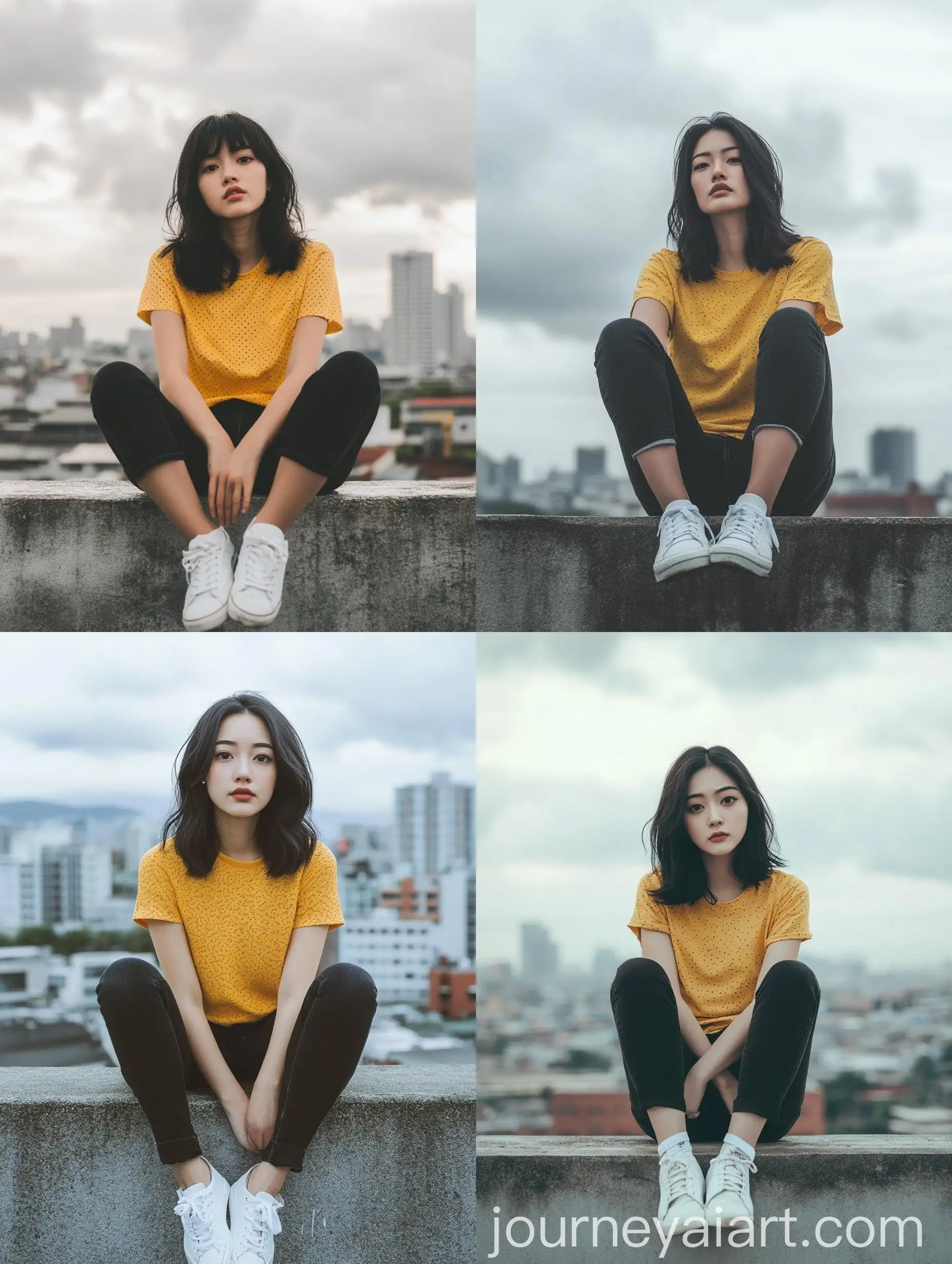 Contemplative-Asian-Woman-Sitting-on-Urban-Ledge