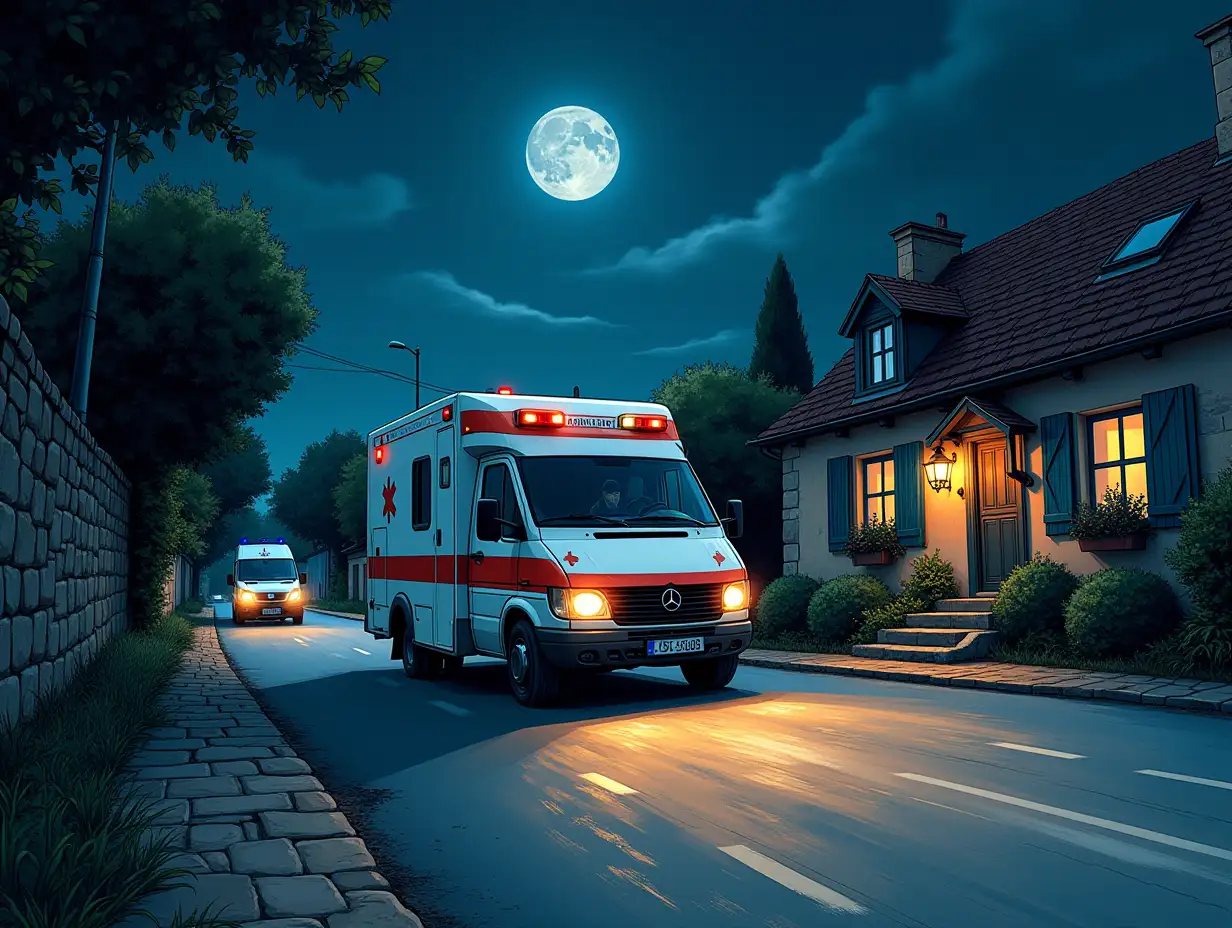 An ambulance, driving, in a french country village, at night, moon light, speed effect, comics drawing style, masterpiece