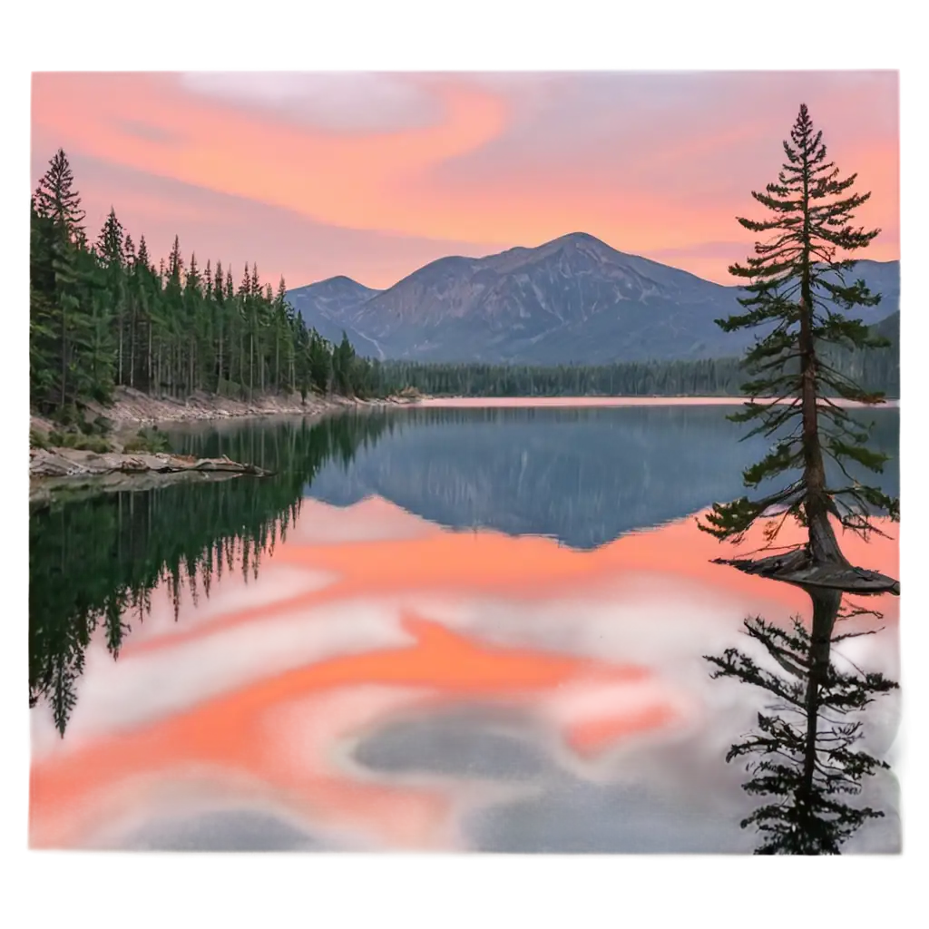 A serene mountain landscape at sunset with vibrant orange and pink hues, a calm lake reflecting the mountains, and a few scattered pine trees.