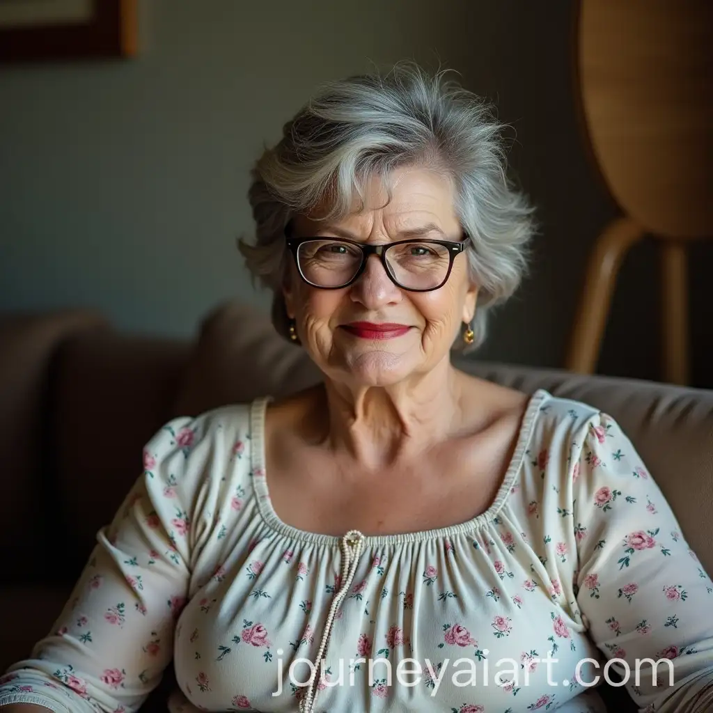 Kind-65YearOld-Woman-in-Floral-Dress-Relaxing-on-Couch