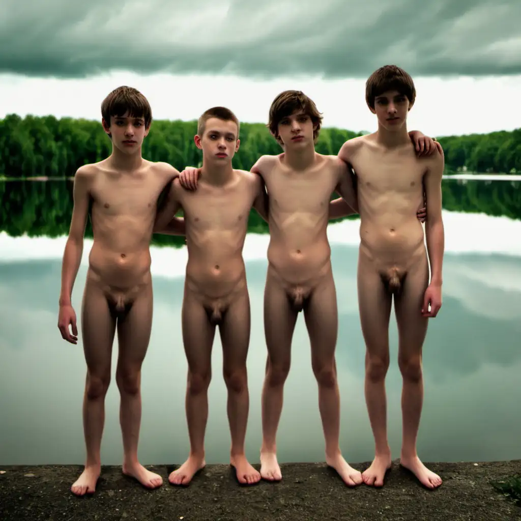 3 teen boys at standing by a lake naked on a cloudy day