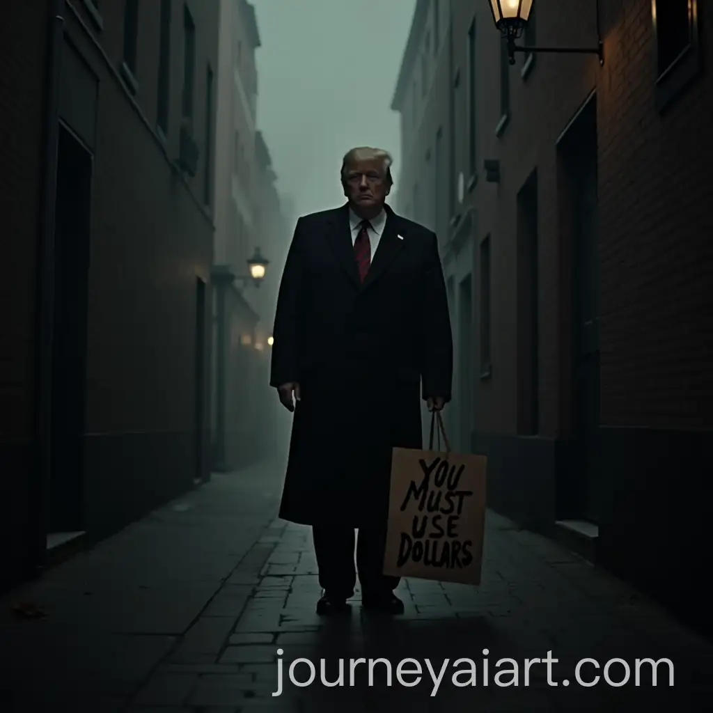 Donald-Trump-Holding-YOU-MUST-USE-DOLLARS-Sign-in-Dark-Alley