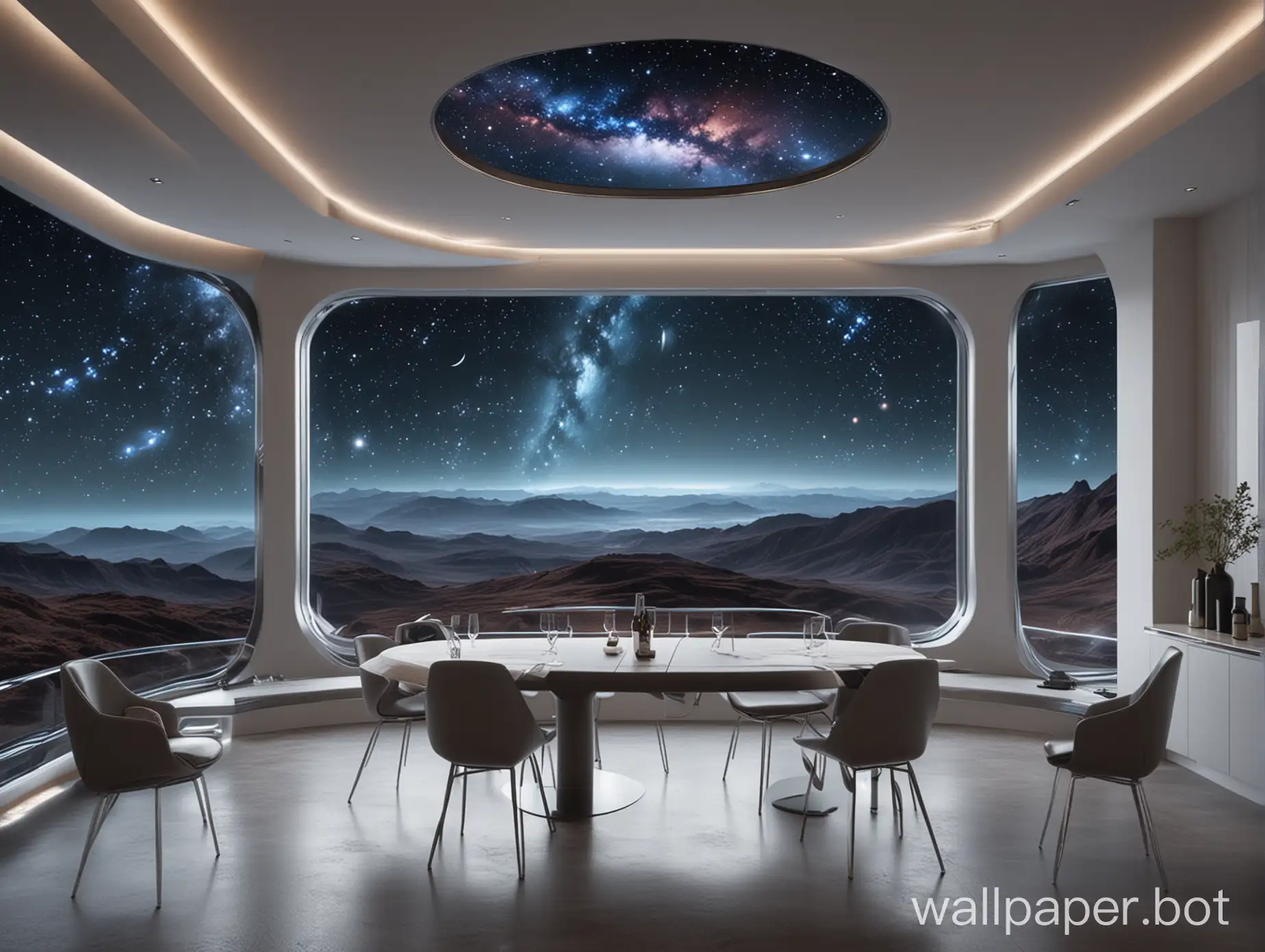 A futuristic & minimalistic dining room with a galaxy view, realistic.