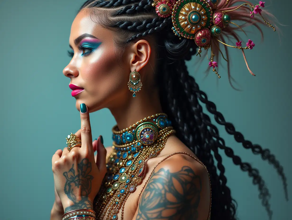 Lady with -Tattoo, long mixed black braided hair holding a complex, colorful and futuristic jewelry large real photo Triple Exposure Basic Concept of something Beautiful Photo