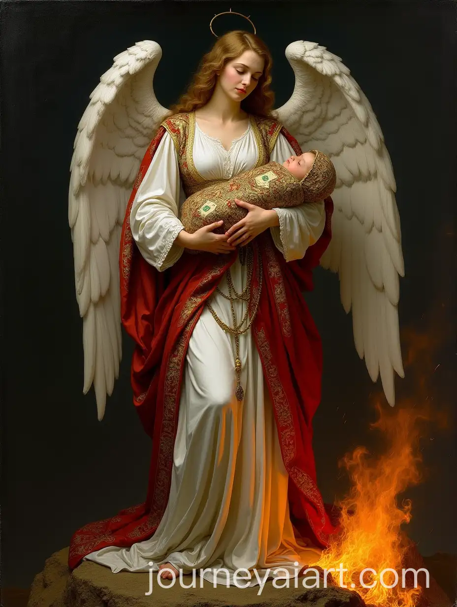 Female-Angel-Mother-Holding-Money-Swaddle-on-Burning-Rock-in-Dark-Fantasy-Setting