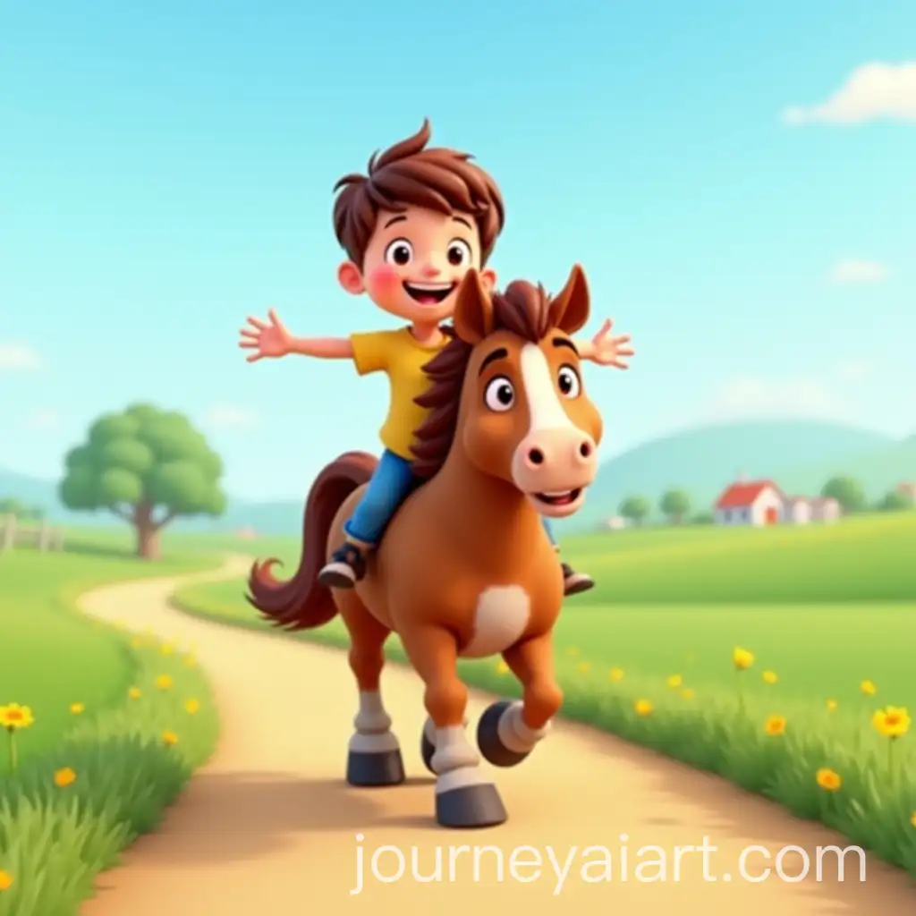 Cartoon-Brown-Horse-with-Boy-Riding-on-Village-Road-in-Green-Fields