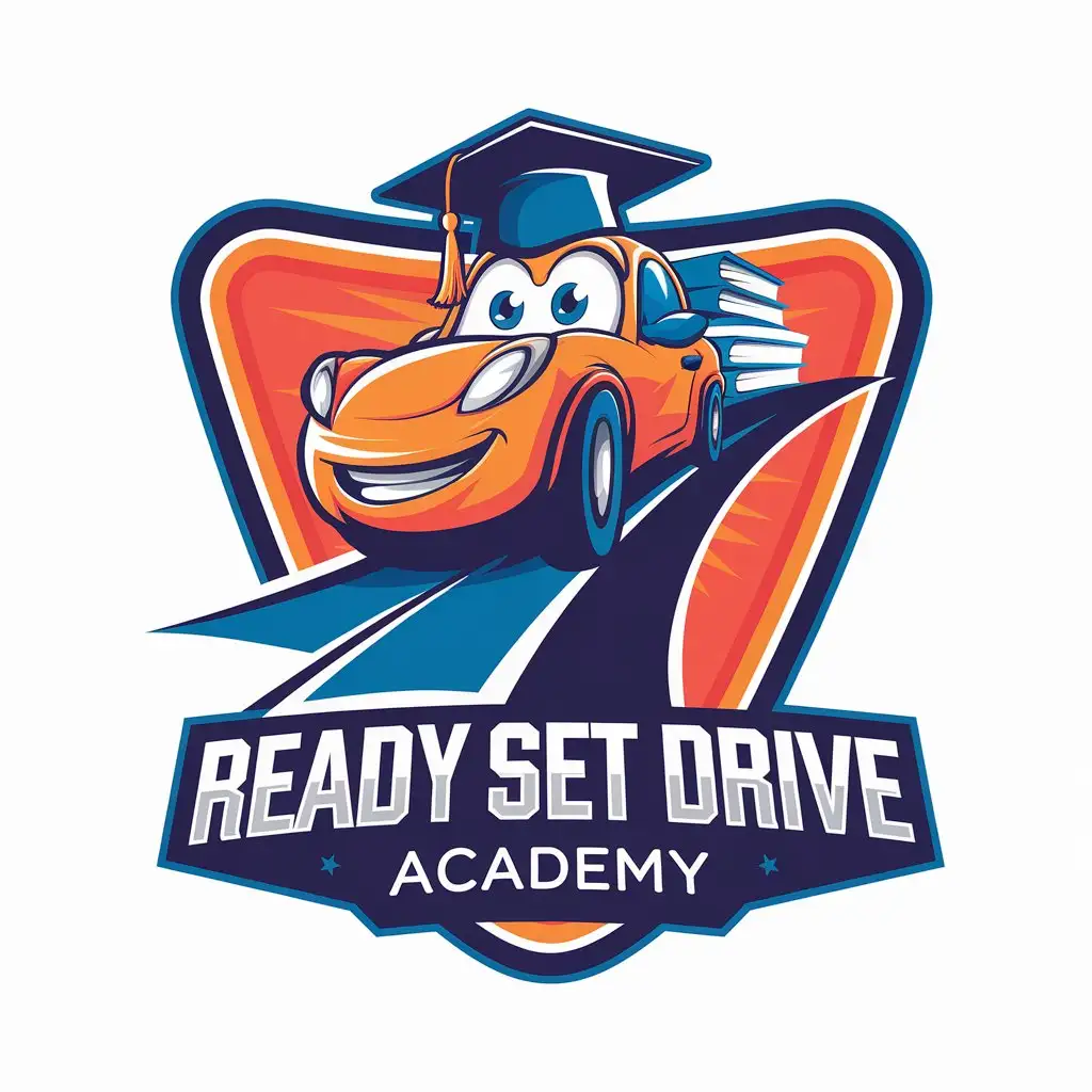 LOGO Design for Ready Set Drive Academy Vibrant and Bold Mascot with Graduation Cap and Books