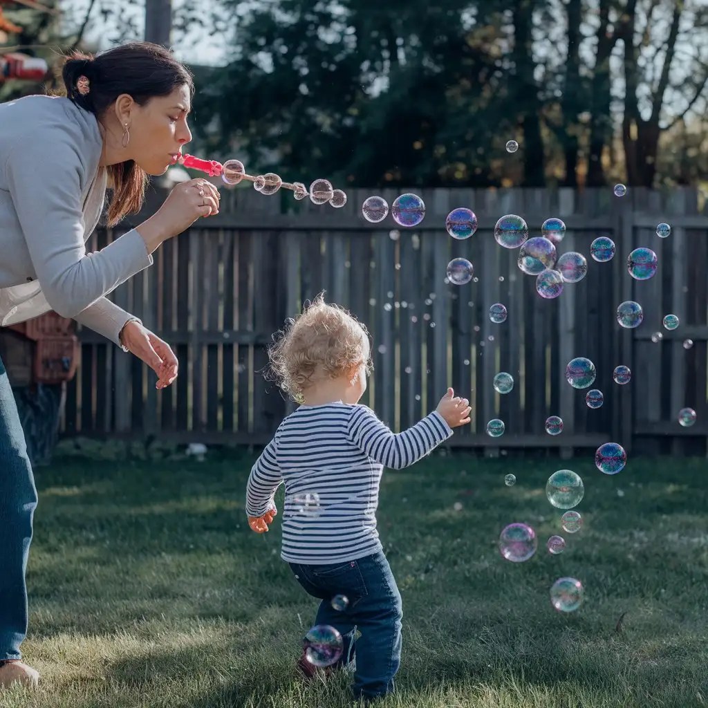 A child chasing bubbles in the backyard, with a parent blowing bubbles and laughing in the sunlight.