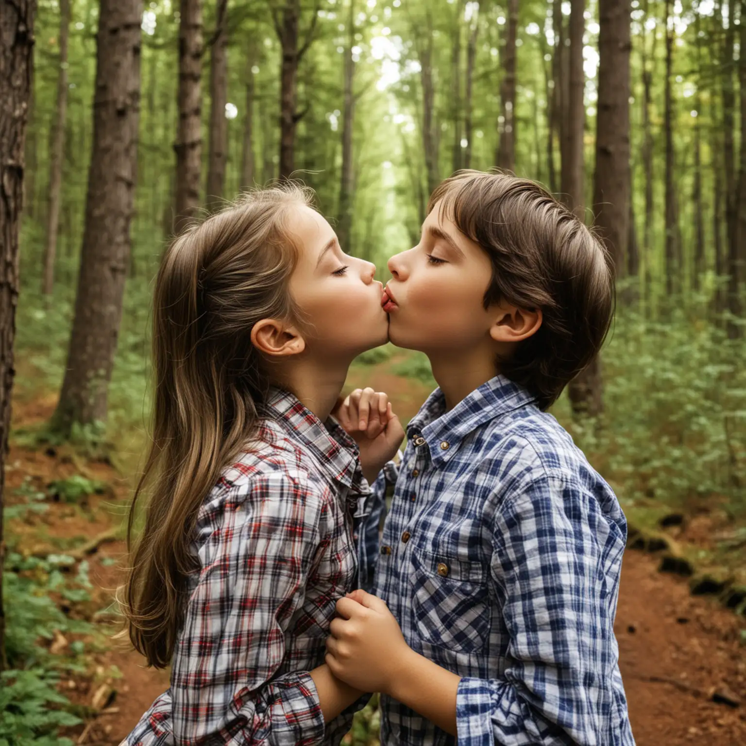 Young-Boy-and-Girl-Sharing-a-Kiss-in-the-Forest