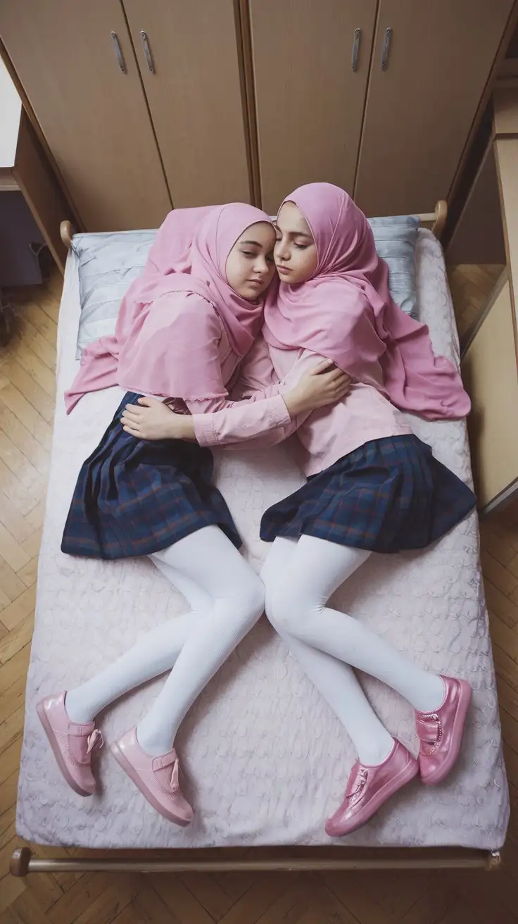 2 girls, turkish, 14 years old, pink hijab, school skirt, white tights, tight blouse, pink sneakers, lying side by side on the bed, in room, very beautiful, hug, bird watching, warm hug, detailed face