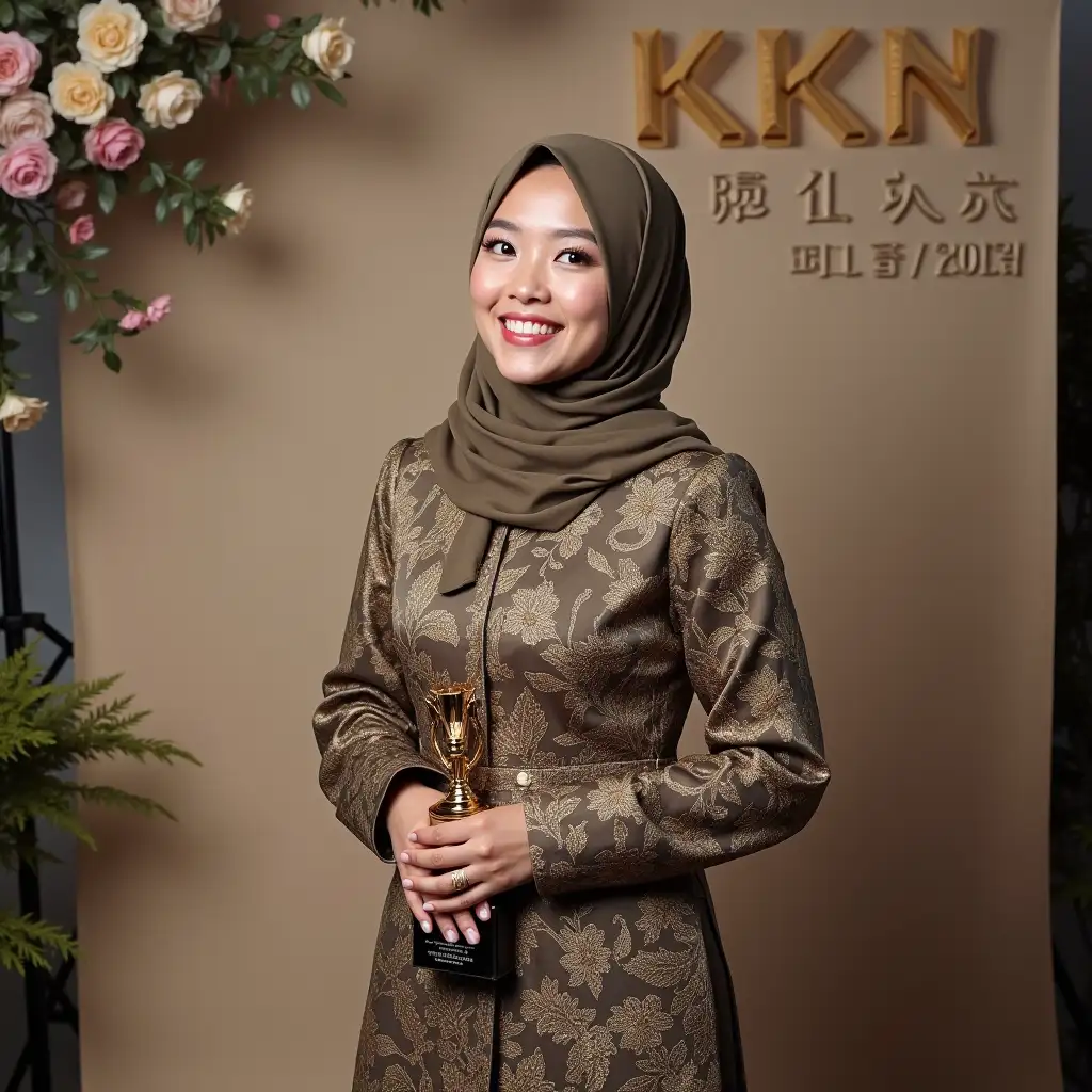 Korean-Woman-in-Formal-Batik-Clothing-Holding-a-Trophy-with-Floral-KKN-Backdrop