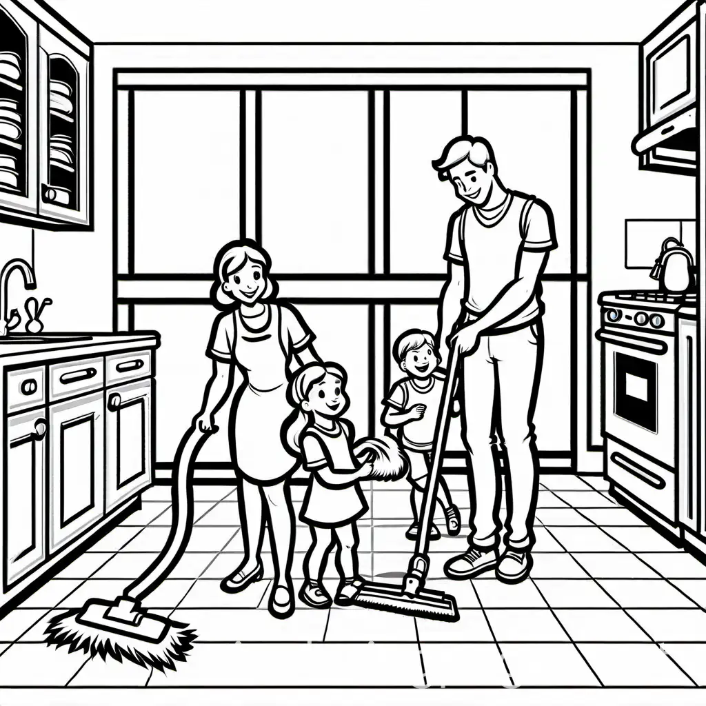 A family cleaning the house together, Coloring Page, black and white, line art, white background, Simplicity, Ample White Space. The background of the coloring page is plain white to make it easy for young children to color within the lines. The outlines of all the subjects are easy to distinguish, making it simple for kids to color without too much difficulty