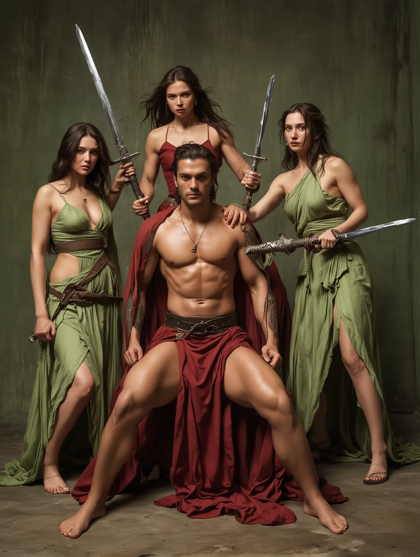 Dramatic-Scene-with-Shirtless-Man-Holding-Sword-Surrounded-by-Women