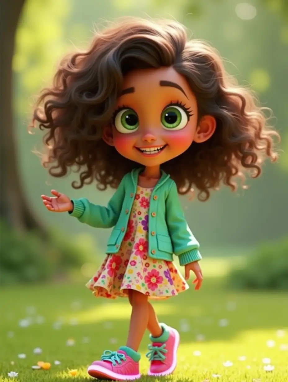 Mia: 10-year-old girl with big green eyes, wavy brown hair, and a bright smile. She wears a colorful floral dress, a mint-green cardigan, and light-up sneakers. She’s always ready for an adventure!  Mia is playing in the park.  1080x1920 pixel. 3D Pixar Style