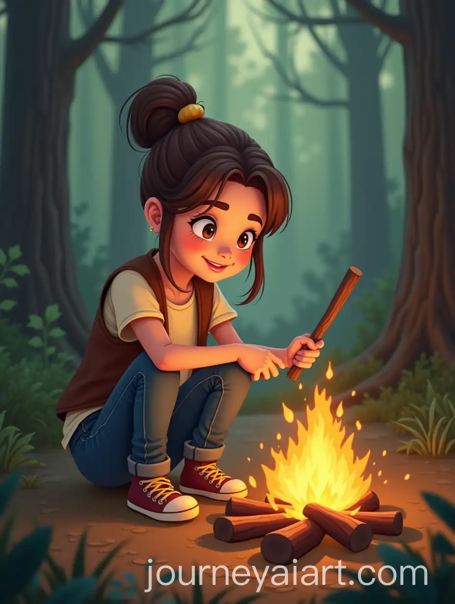 Teenage-Girl-Smiling-While-Sitting-by-a-Campfire-in-a-Bright-Forest