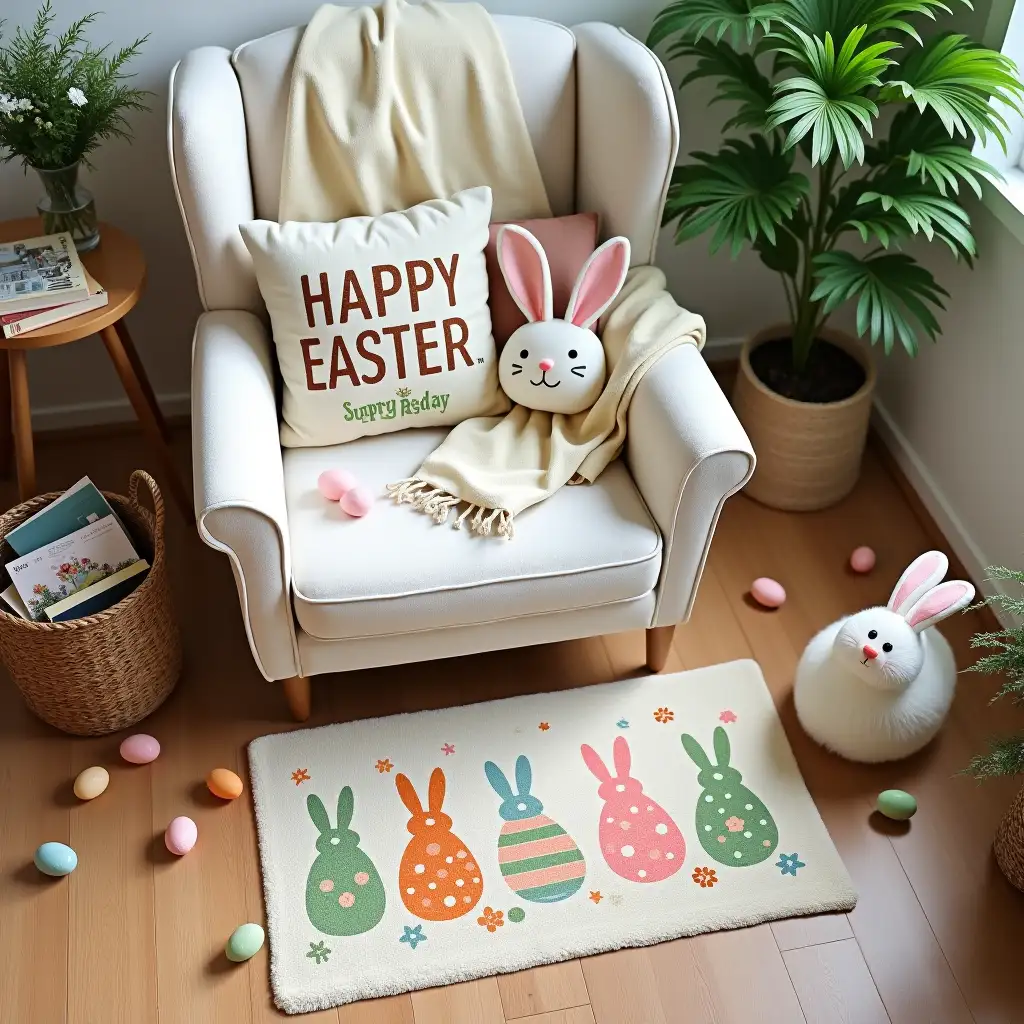 From a top - down perspective, a cozy living room scene brimming with Easter cheer unfolds. A white armchair takes center stage, draped with a soft, cream - colored blanket. On the armchair, there's a pillow with the text 'HAPPY EASTER' in bold, brown letters against a light background. Beside it, a plush bunny pillow with green ears and a white face adds a touch of cuteness. Another pillow featuring a bunny illustration with pink ears and surrounded by colorful flowers rests on the seat. In front of the armchair, there is a rectangular Easter bath mat on the wooden floor.The rug is decorated with colorful Easter - egg designs in shades of orange, green, pink, and blue, each with distinct patterns like stripes and dots. Scattered around the rug are small, real - looking Easter eggs in a variety of bright pastel colors, some with delicate floral or geometric patterns.A fluffy, white plush bunny toy with pink - tipped ears sits near the rug, as if ready to hop around. To the left of the armchair, a woven basket filled with books and magazines is placed on the floor, adding a homely touch. On the right, a glass vase with fresh green foliage and small white flowers sits on the floor, enhancing the spring - like atmosphere. A large, leafy green fern in the background and some smaller potted plants near the wall complete the scene, creating a warm and inviting Easter setting full of the freshness of spring.