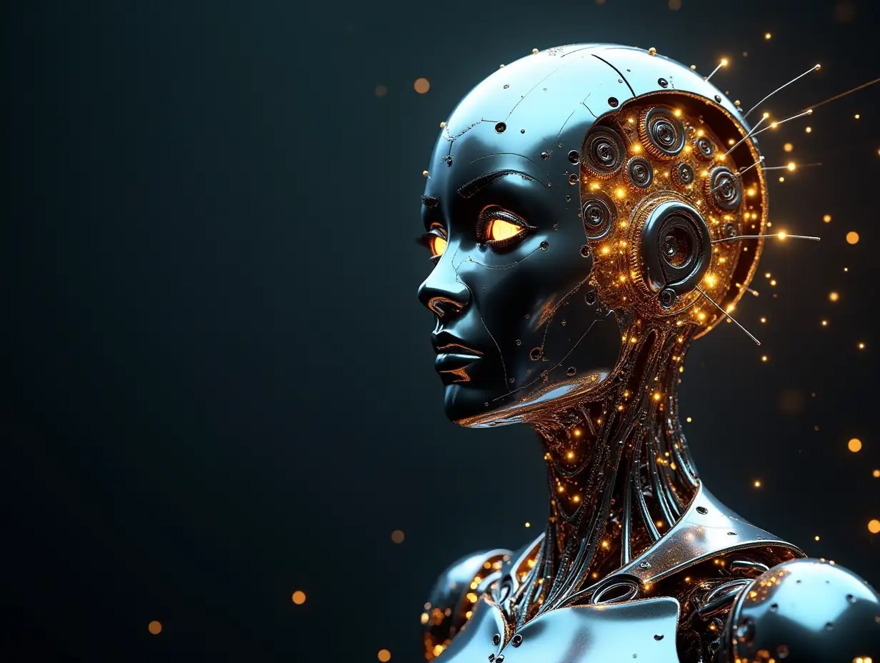 Create a high-resolution, realistic image of artificial intelligence with metal and glass head with gears, lightwave guides, LED lights face 3d 4k resolution with gold and silver ornaments background