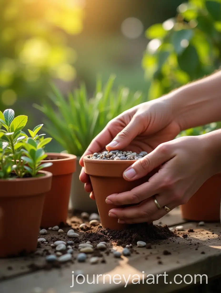 Gardener-Placing-Small-Stones-in-Terracotta-Pot-in-Sunlit-Outdoor-Garden