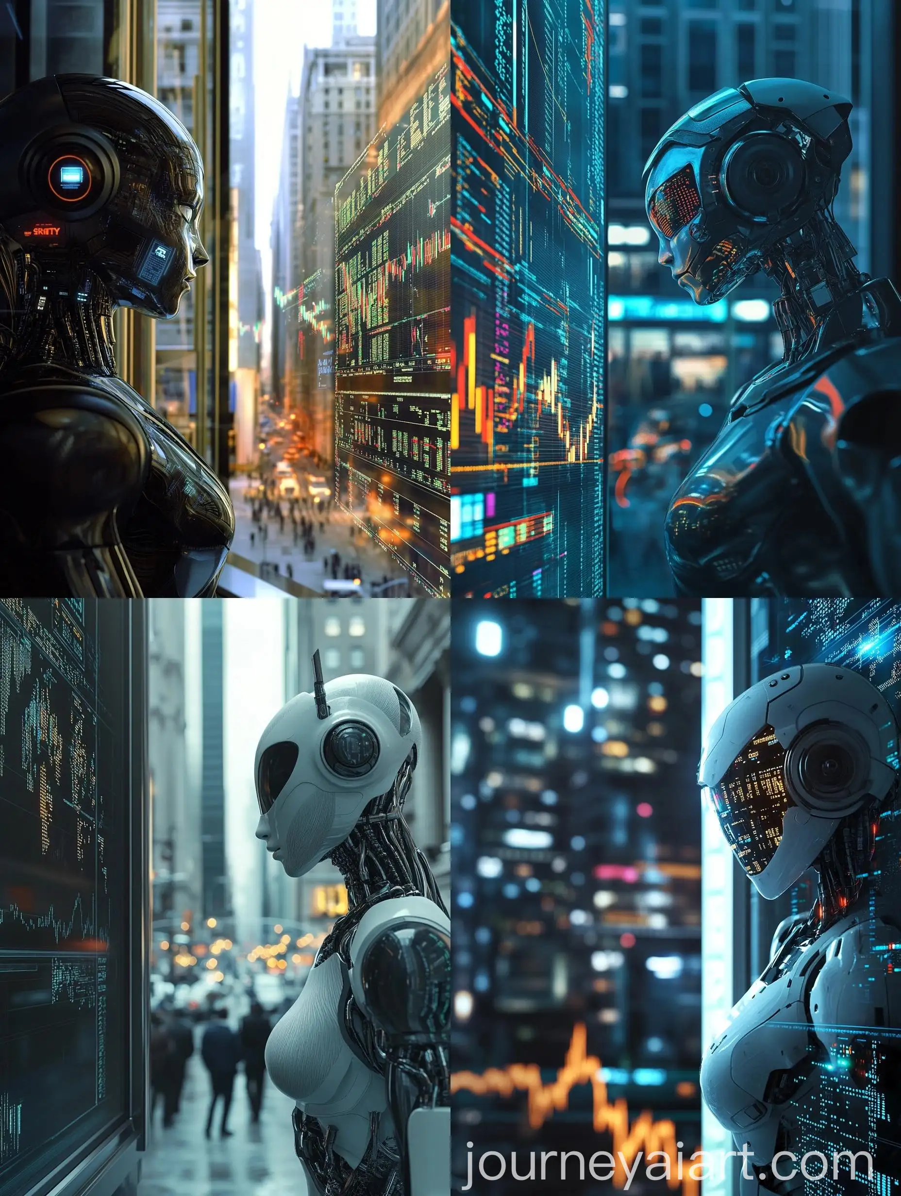 AI-Robot-Observing-Wall-Street-Forex-Charts-with-Bull-and-Bear-in-Background